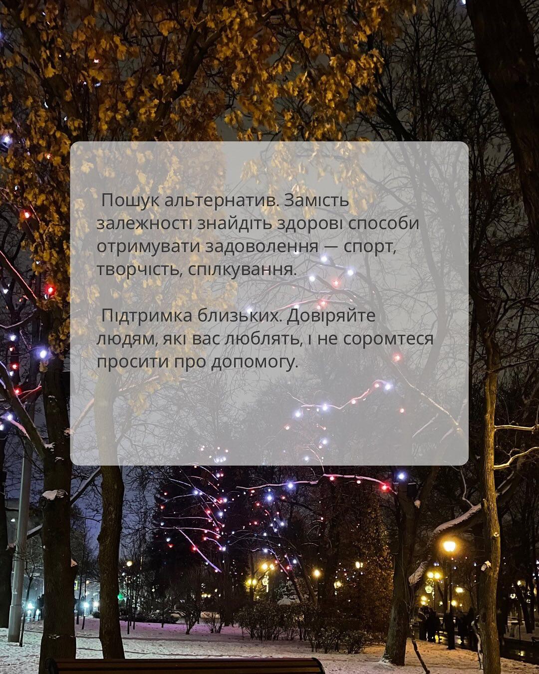 Слайд «Пошук альтернатив, підтримка близьких» на тлі нічного парку