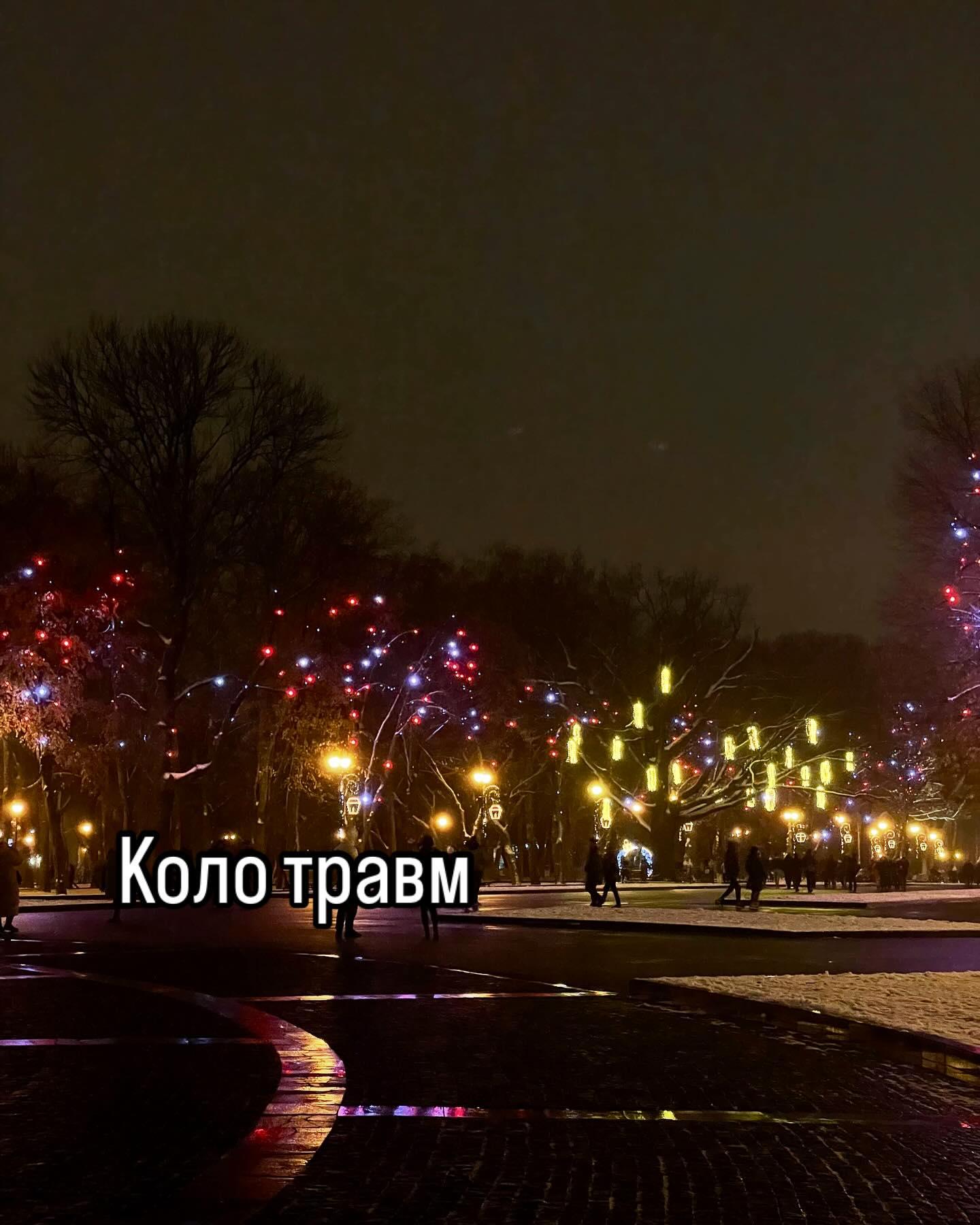 Нічний парк з деревами в гірляндах, світло відбивається на мокрій плитці; напис «Коло травм»